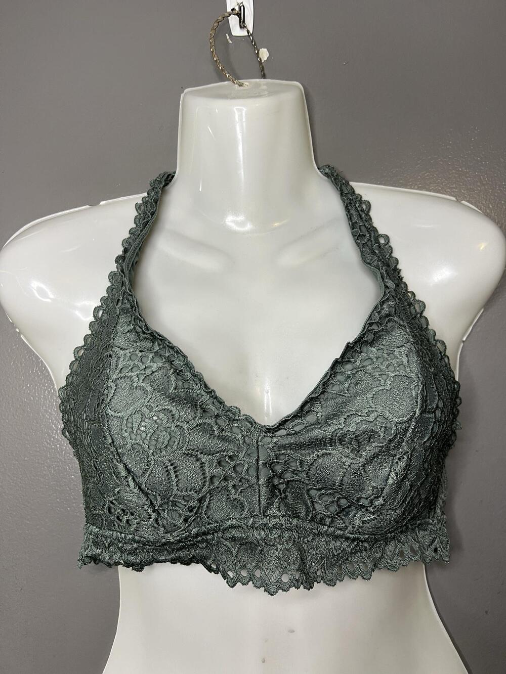 Aerie Bralette Bra Womens Medium Green Lace Wireless Halter Lined Longline